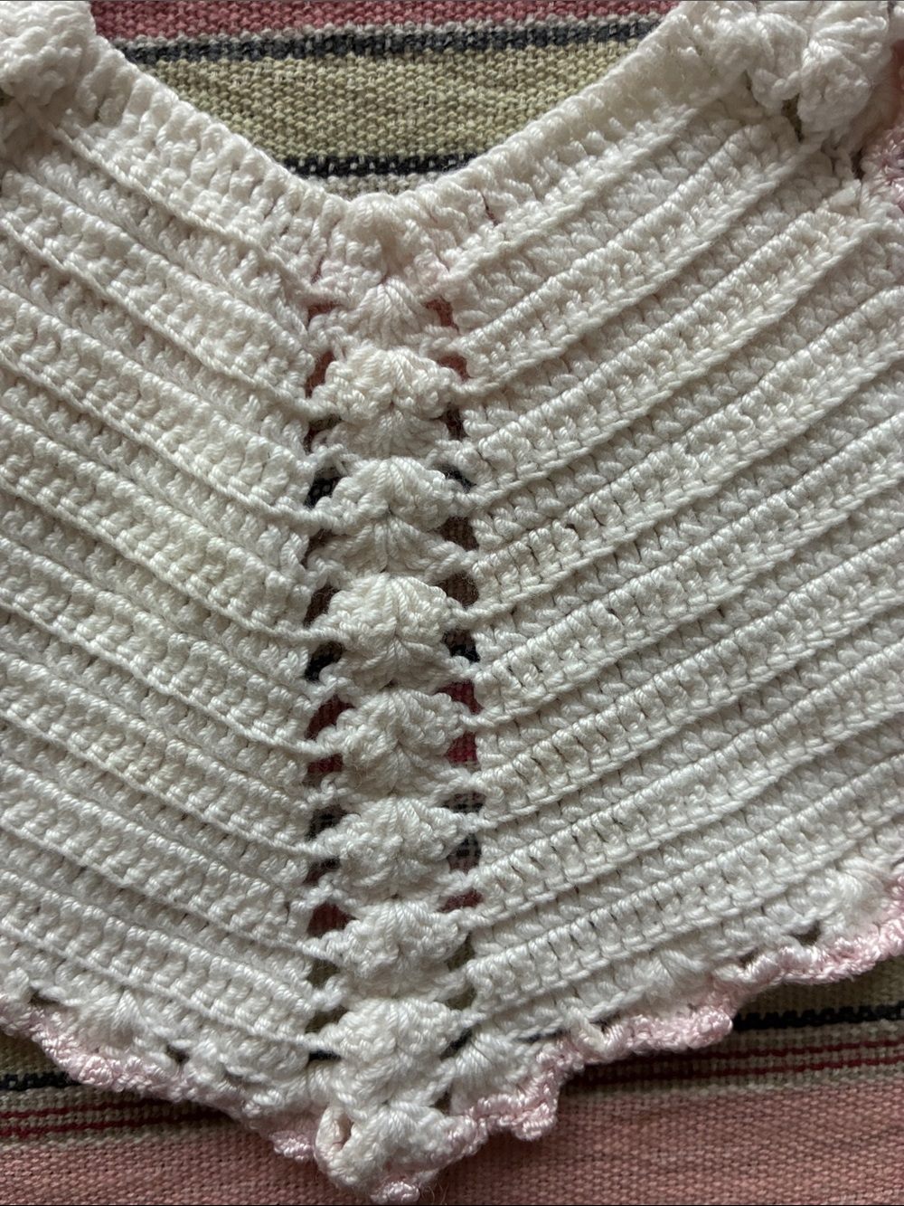 Antique Vintage Handmade White Crochet Baby bib with Pink Trim - Picture 4 of 5